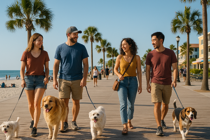 해변에서 반려여행을 즐기는 여행객