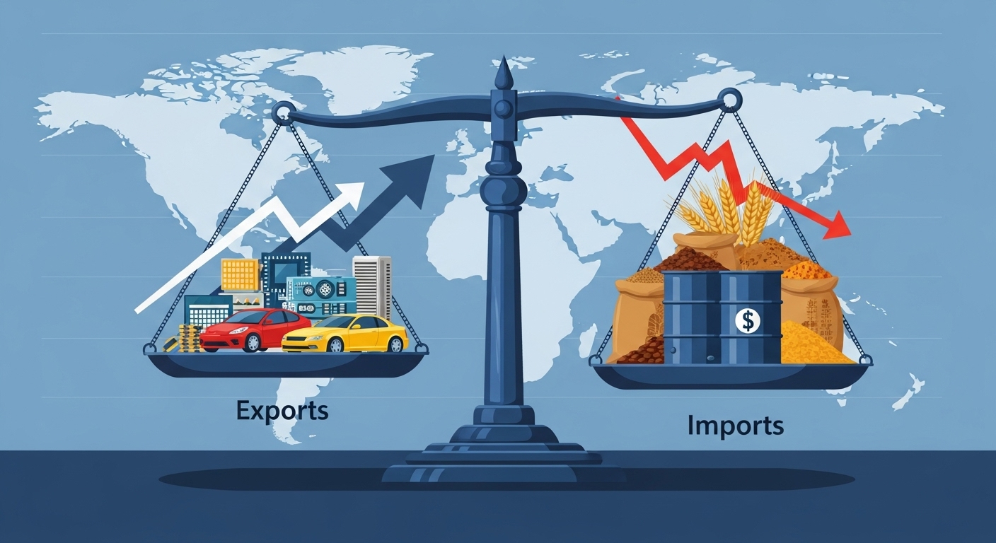 환율 상승이 수출과 수입에 미치는 영향을 보여주는 저울. 수출은 상승하고 수입은 하락하여 경제 균형의 변화를 나타냅니다.