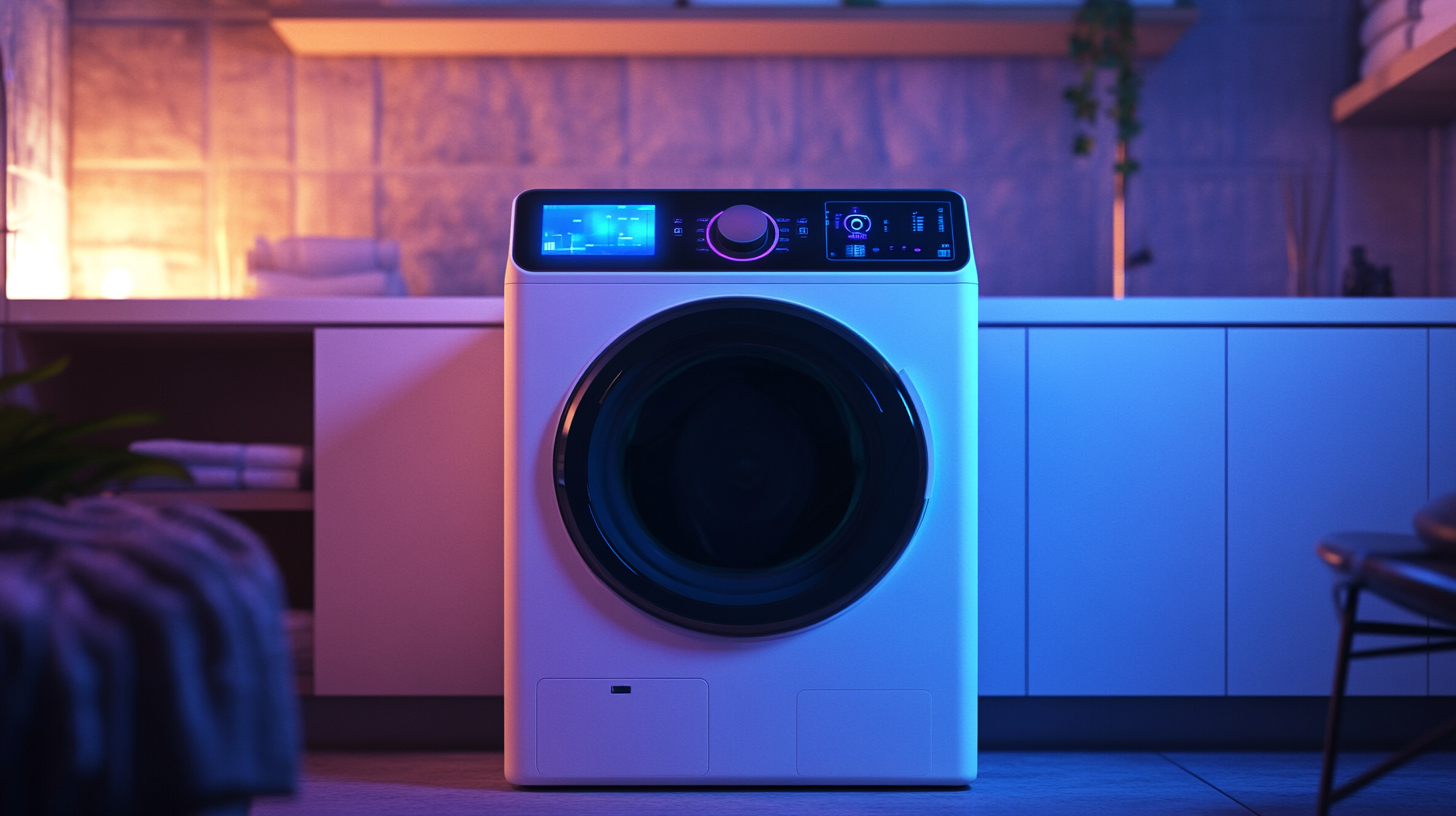 삼성의 혁신적인 AI 터치스크린과 음성 제어 기능을 갖춘 미래형 세탁건조기. 도시의 세련된 세탁실에 설치된 모습으로, 최첨단 기술을 보여주는 장면.