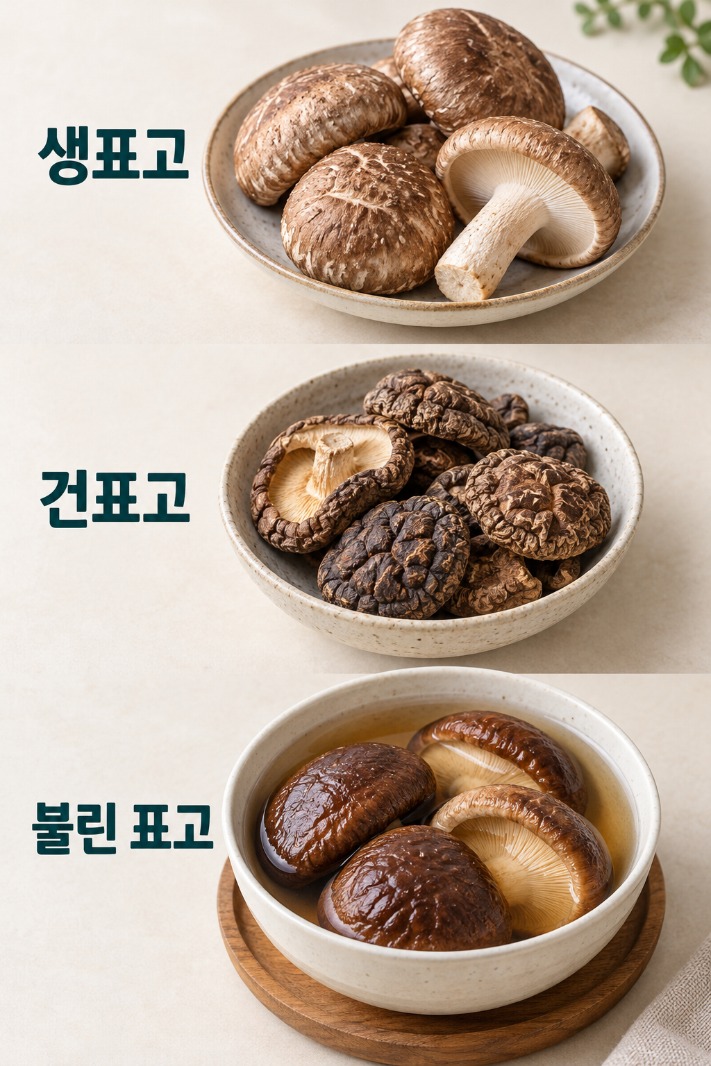 생표고와 마른 건표고, 물에 불려 촉촉해진 표고를 서로 다른 그릇에 둔 모습