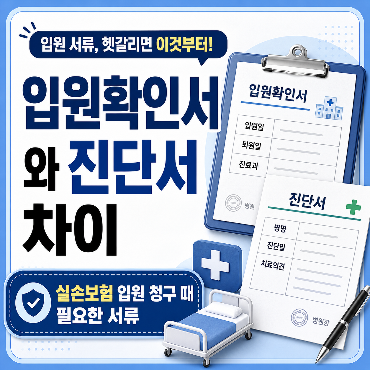 입원확인서와 진단서 차이를 비교하며 실손보험 입원 청구에 필요한 서류를 안내하는 썸네일