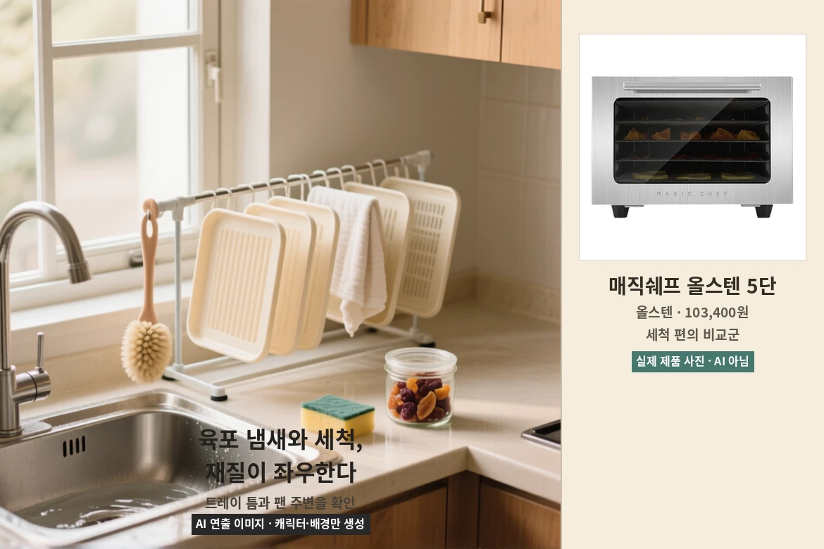 식품건조기 트레이를 씻어 말리고 냄새를 환기하는 장면