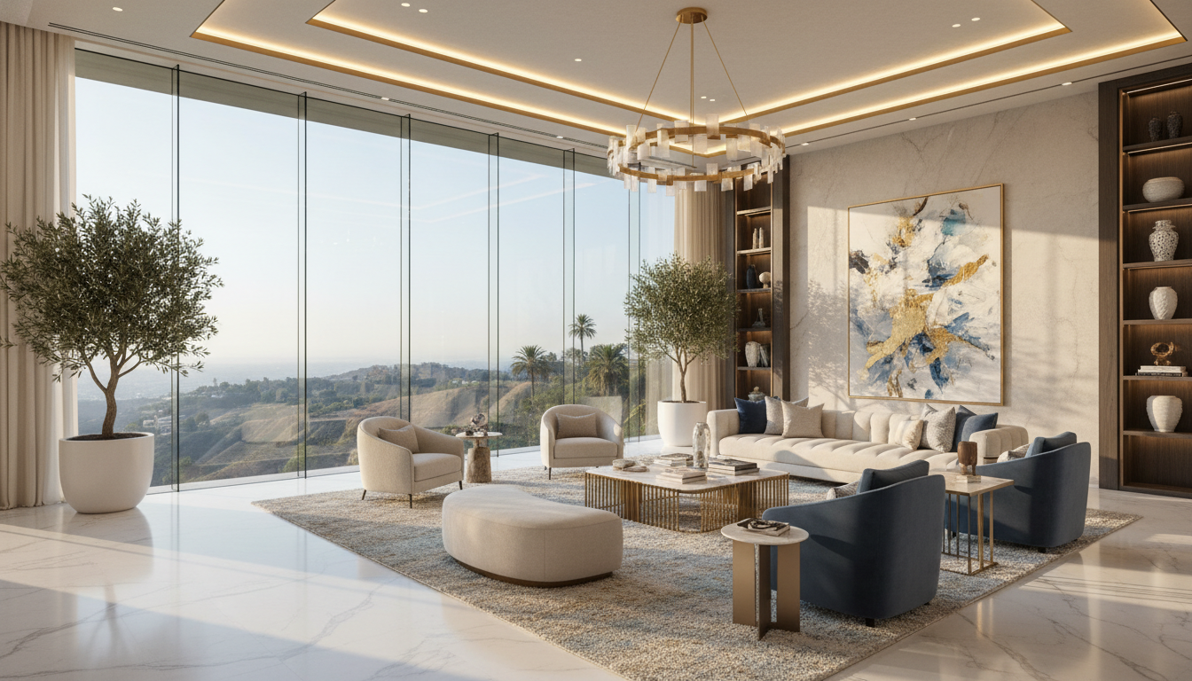 채광이 돋보이는 김병세 LA 대저택의 고급스럽고 모던한 거실 인테리어