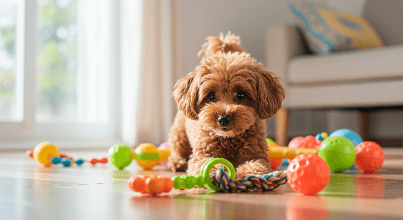 토이 푸들이 장난감을 가지고 놀고 있다