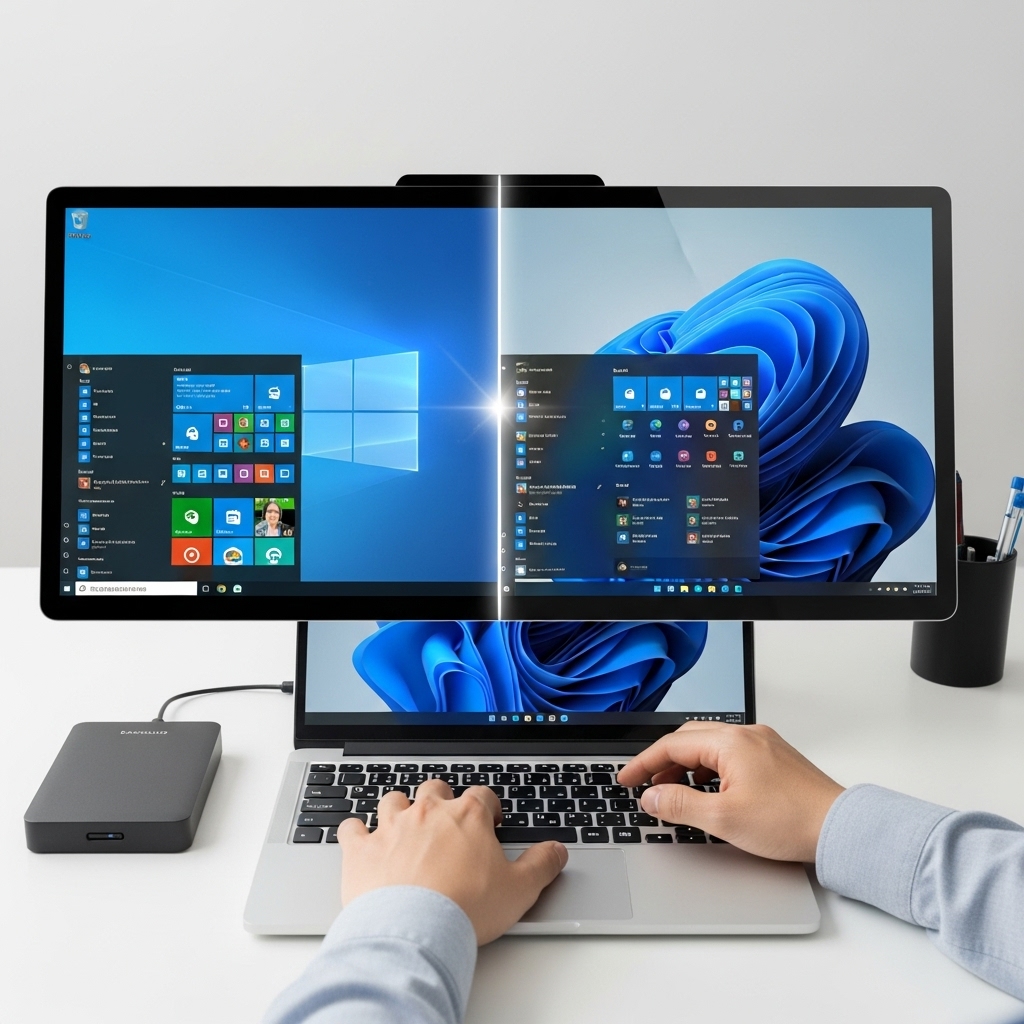 윈도우 10에서 윈도우 11로 안전하게 업그레이드하는 모습을 보여주는 컴퓨터 화면과 마우스를 조작하는 한국인 손. 데이터 백업용 외장 하드도 보인다.