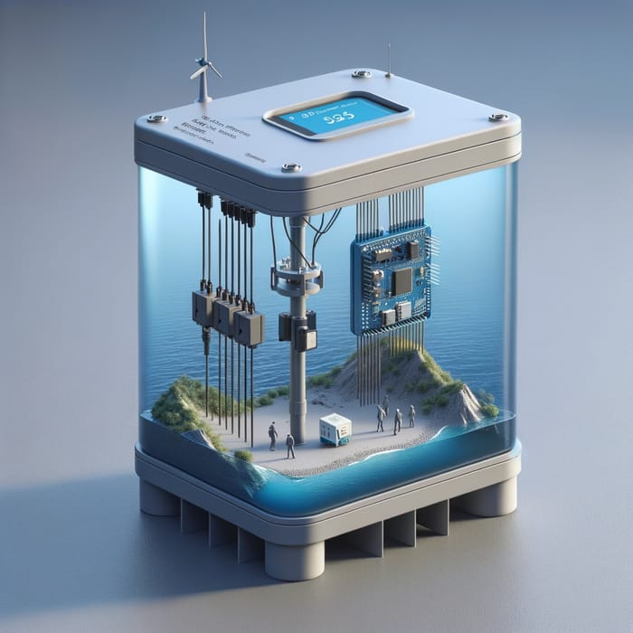 Modern IoT water purifier in a bright kitchen, displaying real-time water quality metrics on a digital screen.