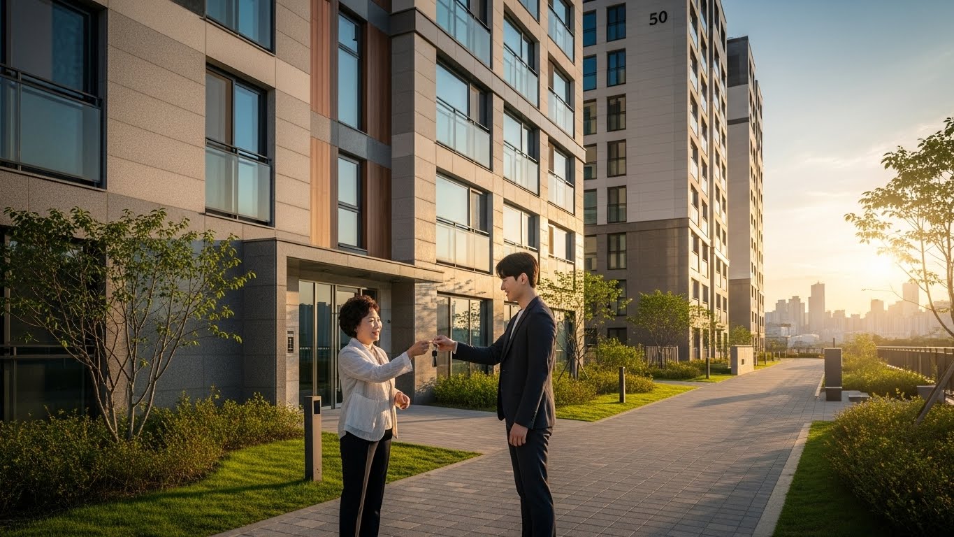 아파트 증여를 상징하며 자녀에게 집 열쇠를 건네주는 한국인 부모의 모습