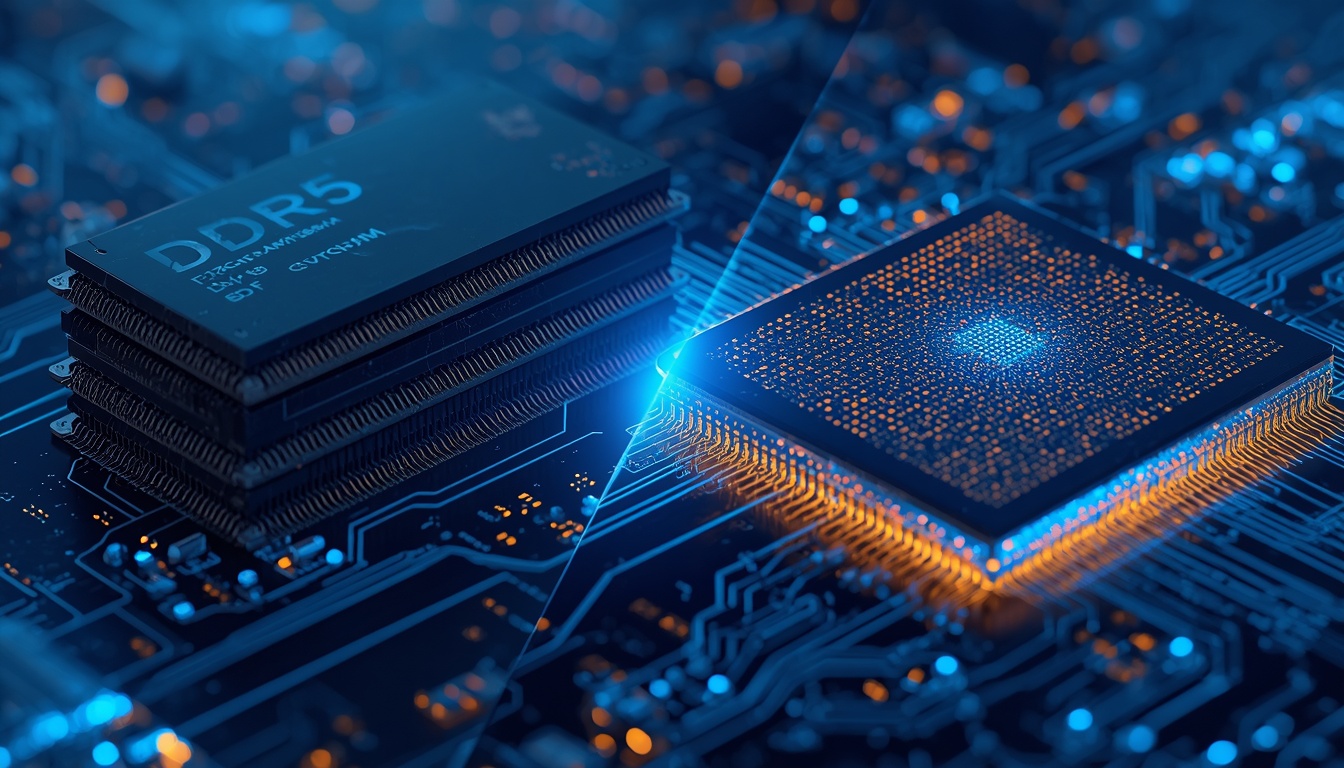 A professional technical illustration showcasing the internal architecture of modern memory chips, highlighting the stacked layers of DDR5 DRAM and the intricate cell structure of 3D NAND Flash technology.