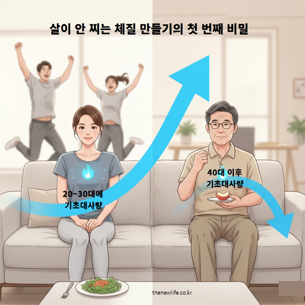20~30대와 40대의 기초대사량 차이로 살 찌는 이유를 시각적으로 설명한 이미지