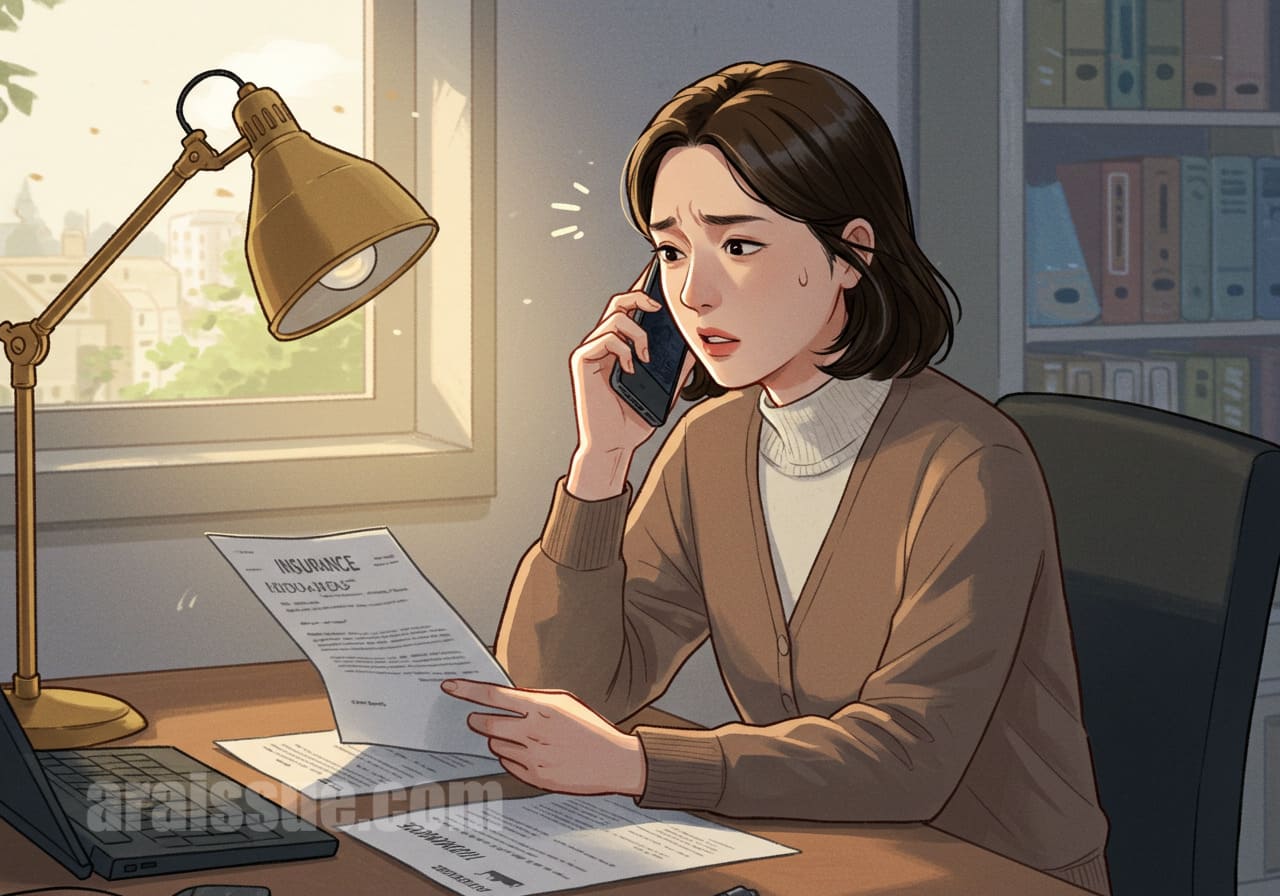 보험금 지급 거부 통보를 받고 전화 통화 중인 40대 초반 한국 여성의 좌절한 표정을 표현한 장면입니다.