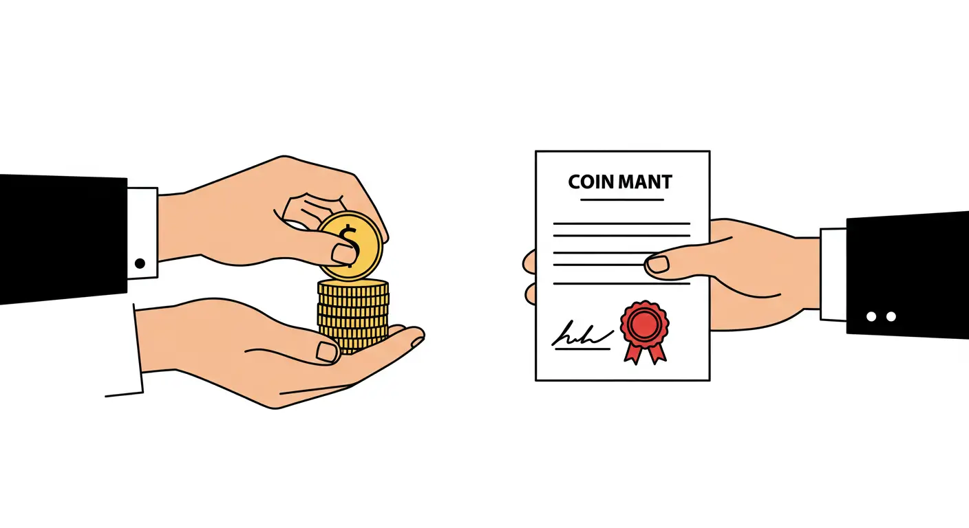 돈을 빌려주고 이자와 원금을 약속하는 차용증을 받는 모습으로 채권의 원리를 설명