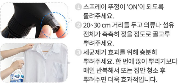 섬유탈취제 사용 방법과 의류 분사 장면