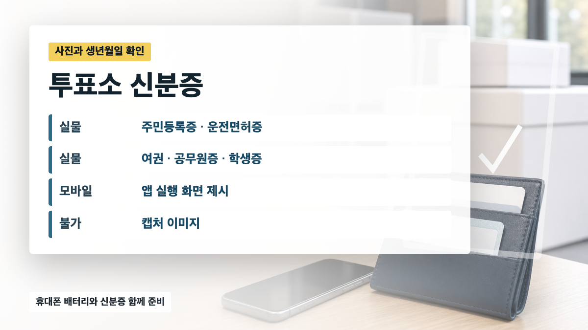 투표소에서 주민등록증 운전면허증 여권 모바일 신분증 앱 화면은 인정되고 캡처 이미지는 인정되지 않는다는 안내