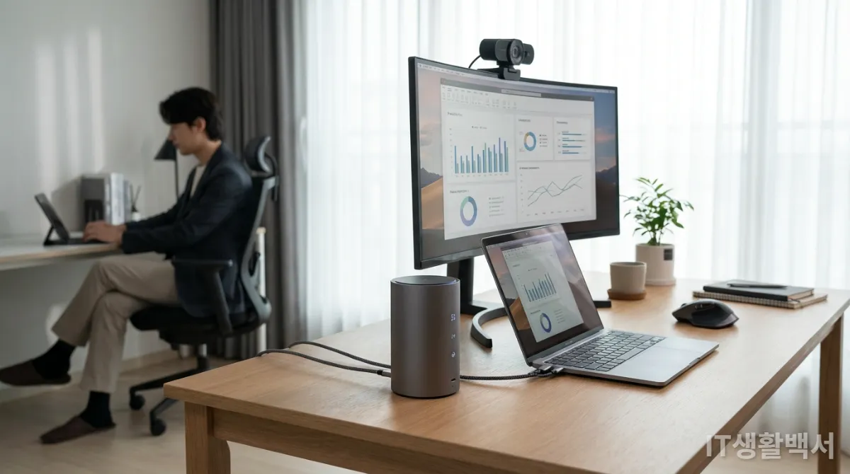 재택근무 및 하이브리드 워크 환경을 위한 스마트 허브가 있는 한국인 홈 오피스