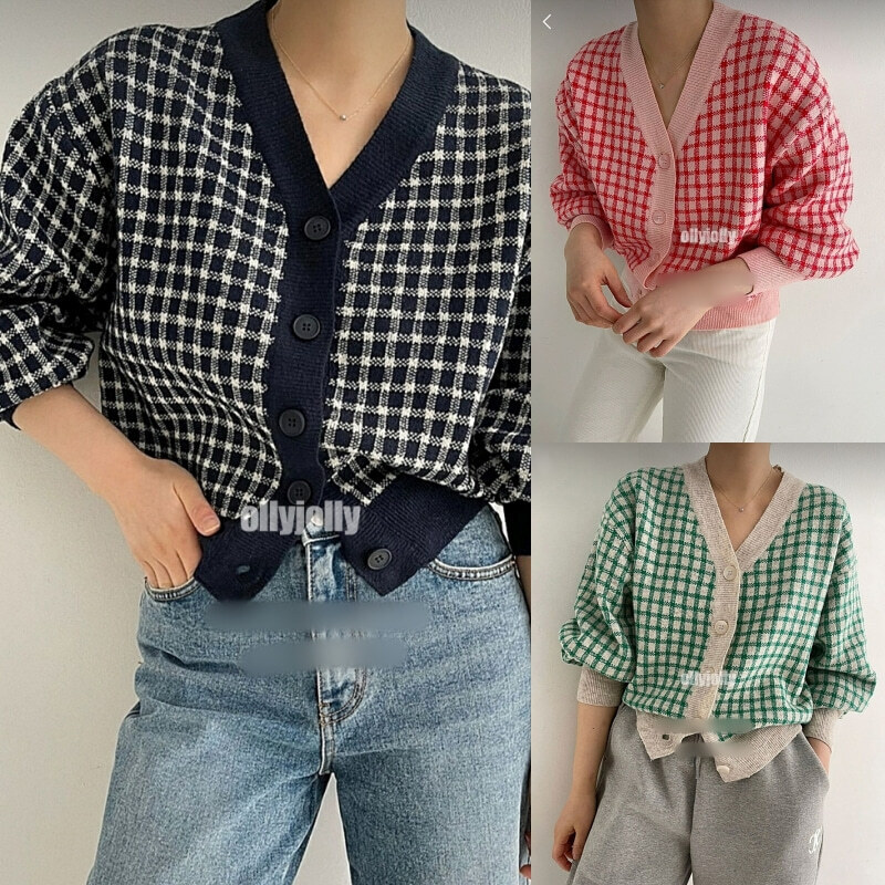 영앤클래시 체크 니트 가디건 초록색 가디건 올리졸리 H0610