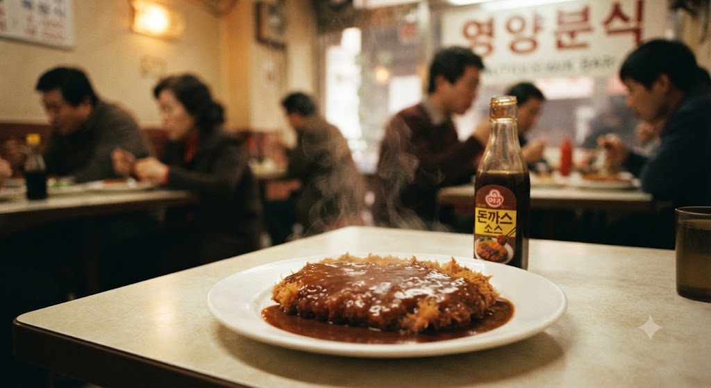 따뜻한 느낌의 한국 경양식당 테이블 위에, 바삭하게 튀겨진 돈까스가 담긴 접시가 놓여 있습니다. 그 위로 1편의 주인공인 우스터소스가 걸쭉하게 뿌려져 있습니다. 배경에는 희미하게 1970년대 한국의 '경양식' 간판이 보이며, 영국에서 시작된 긴 유통망의 여정이 마침내 한국인의 일상에 정착했음을 보여주는 따뜻한 감성의 실사 이미지입니다.
