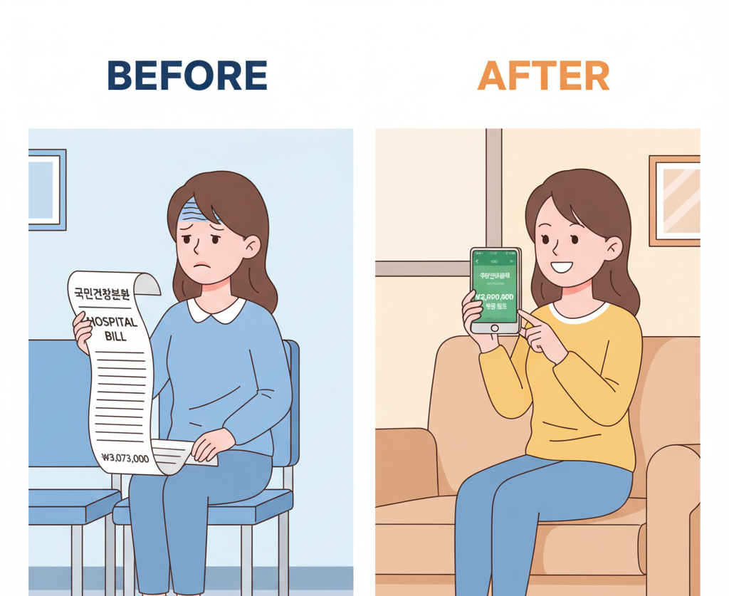 본인부담상한제 병원비 환급을 상징하는 비포/애프터 이미지. 왼쪽은 긴 병원비 영수증을 보고 걱정하는 모습, 오른쪽은 건강보험공단에서 환급금이 입금된 스마트폰을 보고 기뻐하는 모습.