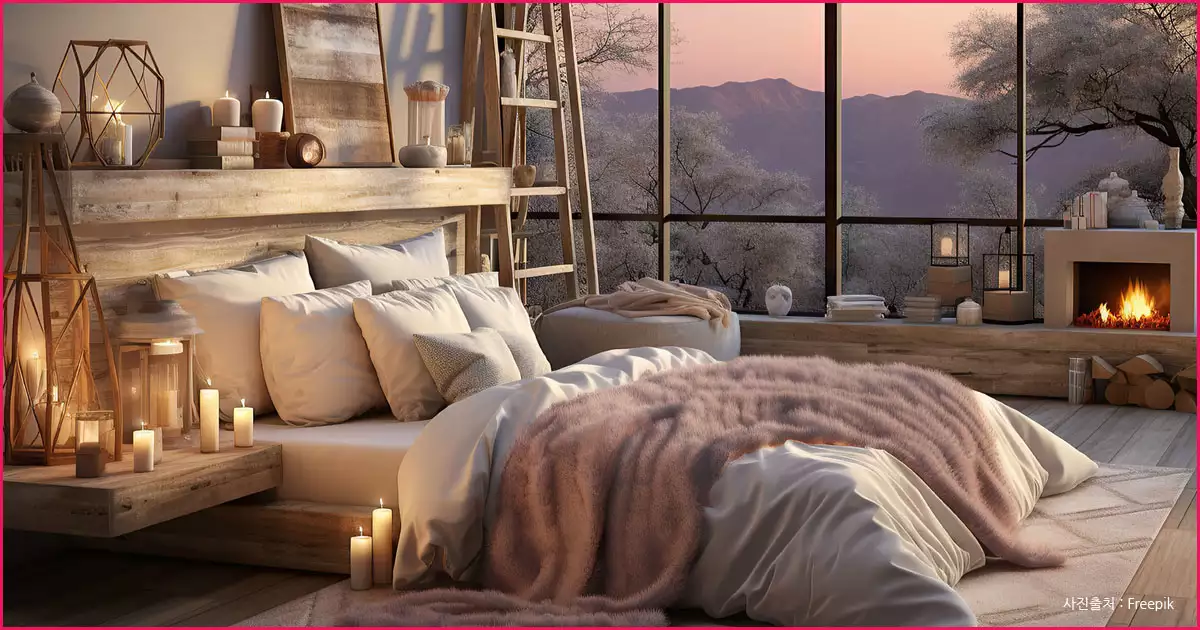포근한 담요와 카펫, 벽난로를 활용한 포근한 침실