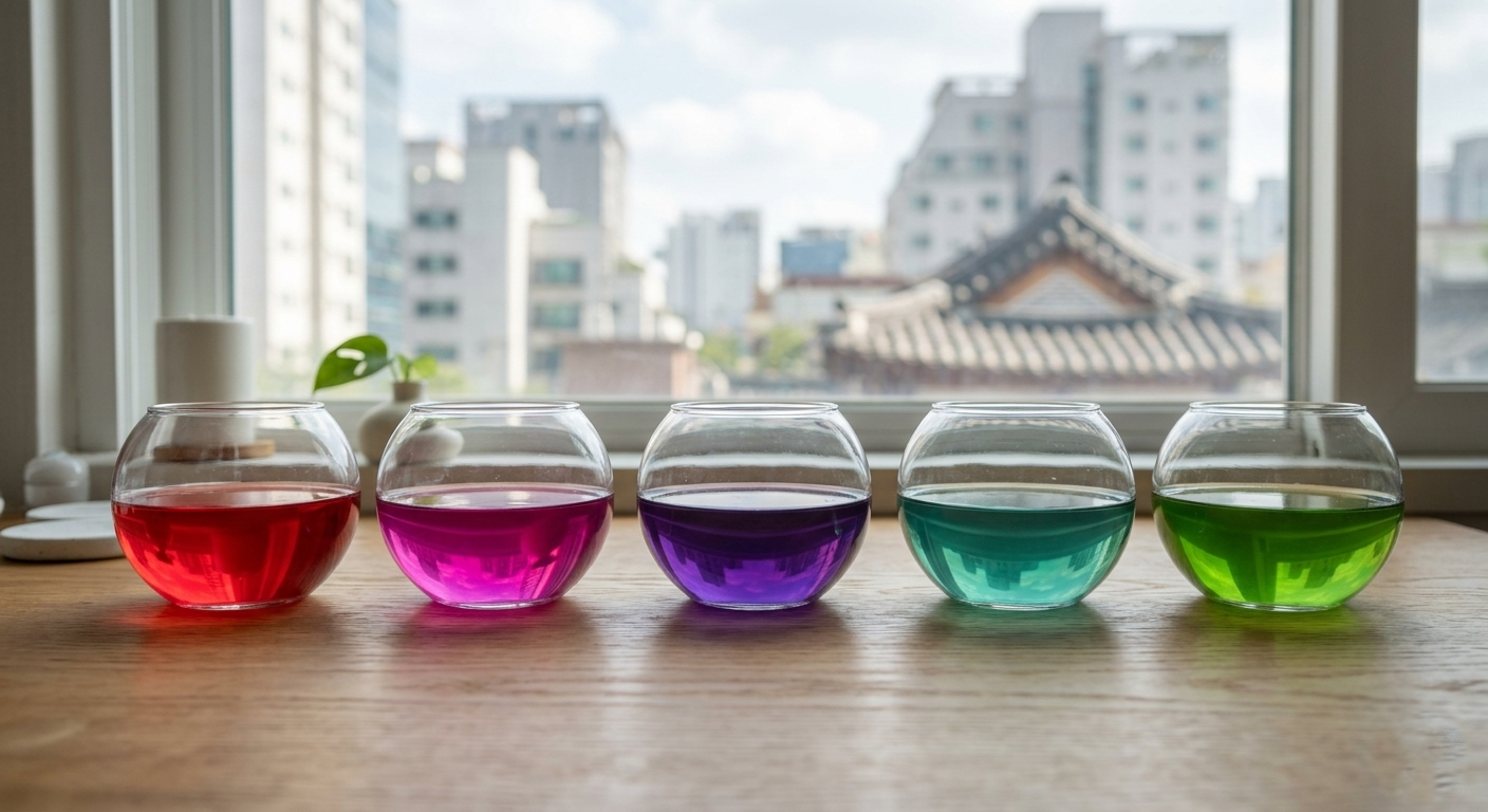 다섯 개의 둥근 유리볼에 담긴 pH 수치별 안토시아닌 색상 변화 - 빨간색부터 초록색까지의 천연 색소 스펙트럼 - 푸드 블로거 보라카이의 식재료 조리 과학 시각 자료