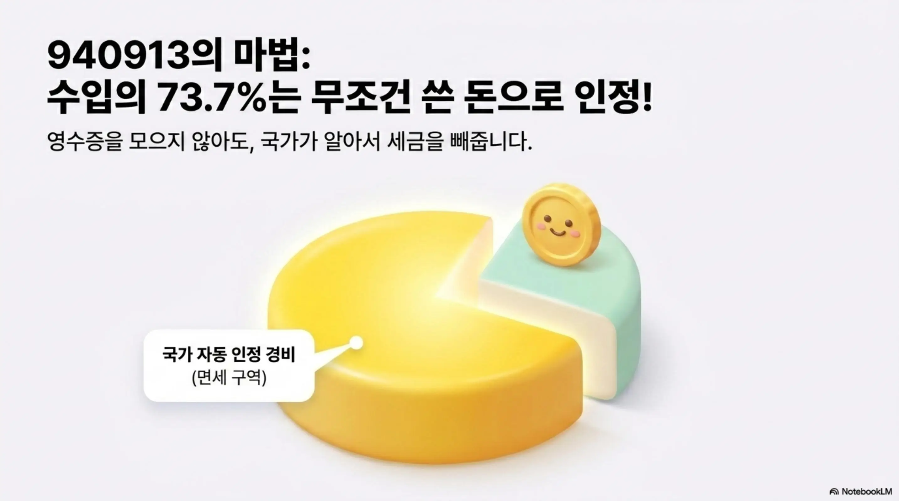 대리기사 종합소득세 업종코드: 대리기사 업종코드 940913의 단순경비율 73.7% 적용 구조를 원형 차트로 설명하는 인포그래픽. 수입의 73.7%가 국가 자동 인정 경비(면세 구역)로 표시되고 나머지 26.3%만 과세 대상임을 보여주며 '영수증을 모으지 않아도 국가가 알아서 세금을 빼줍니다'라는 문구가 포함된 이미지