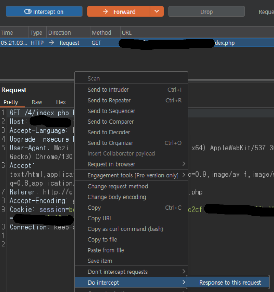 오른쪽 마우스 클릭 -> Do intercept -> Response to this request 선택 후 -> Forward 선택