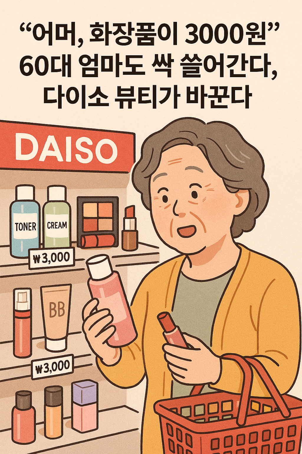 “다이소 매장에서 3천원대 스킨케어와 색조 화장품이 진열돼 있고, 60대 여성이 장바구니에 화장품을 담는 모습이 연출된 가성비 뷰티 썸네일 이미지”