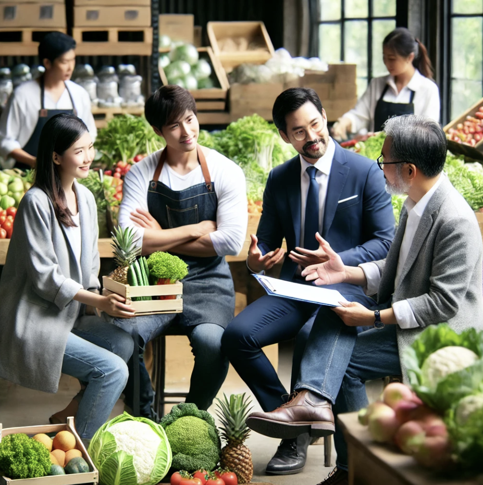 농업 협동조합에서 신선한 농산물을 배경으로 구성원들이 회의를 진행하는 장면