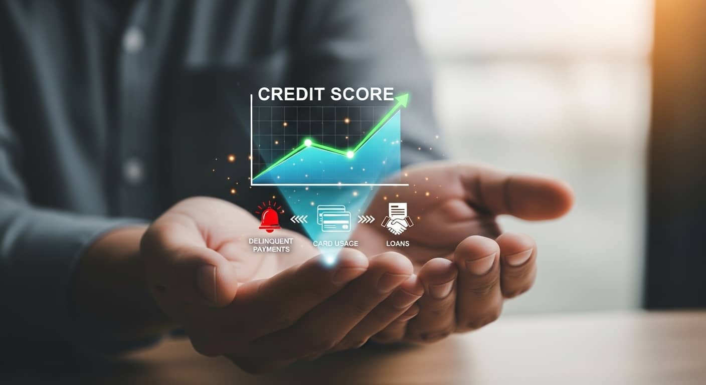 한 남자가 두 손으로 'CREDIT SCORE' 그래프가 상승하는 이미지를 받치고 있다. 그래프 아래에는 연체(Delinquent Payments), 카드 사용(Card Usage), 대출(Loans) 아이콘이 배열되어 있어 신용 관리의 중요성을 나타낸다.