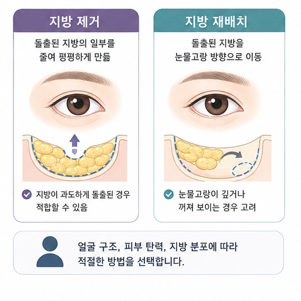 돌출된 눈밑 지방을 일부 제거하는 방법과 눈물고랑 쪽으로 재배치하는 방법의 차이를 보여주는 그림
