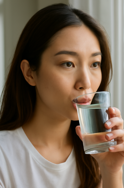 자연광이 비추는 창가에서 물 한 잔을 마시는 동양 여성. 피부가 맑고 빛나며, 편안한 모습이 담긴 초점이 맞춰진 사진