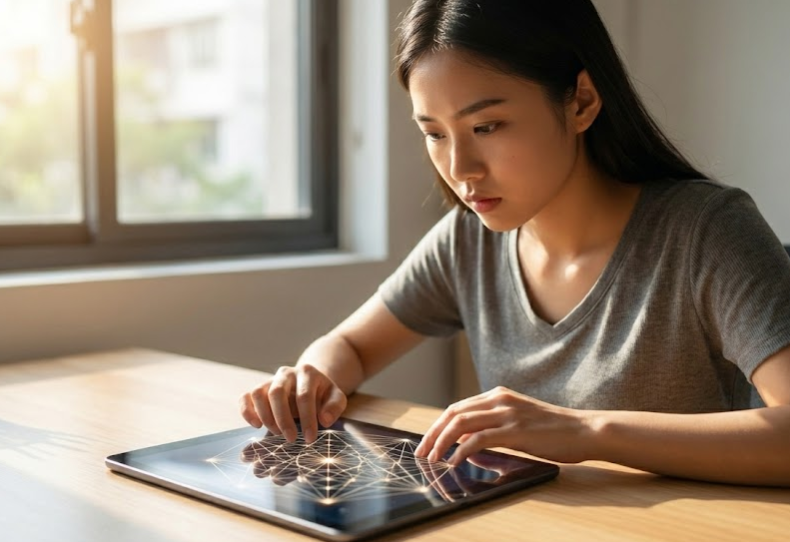 집중해서 태블릿으로 도형 패턴 문제를 풀며 IQ검사를 진행하는 여성의 모습