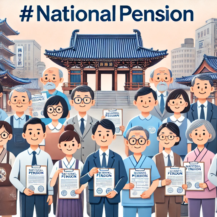 전통 건출 배경 앞에서 연금 서류를 든 여러 사람들