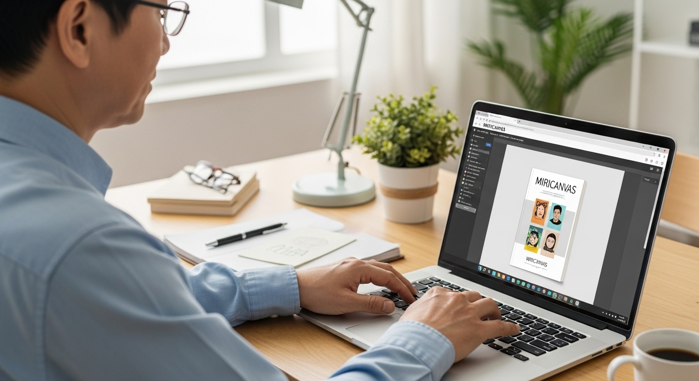 노트북에서 표지 디자인 작업 중인 모습