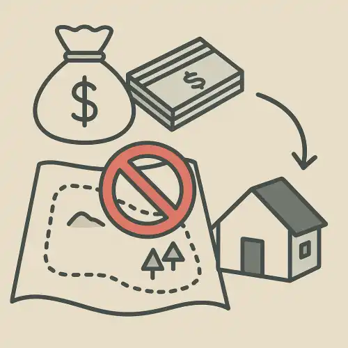 돈자루와 미개발 토지, 주택, 지도 등으로 기획부동산 사기를 표현한 그림