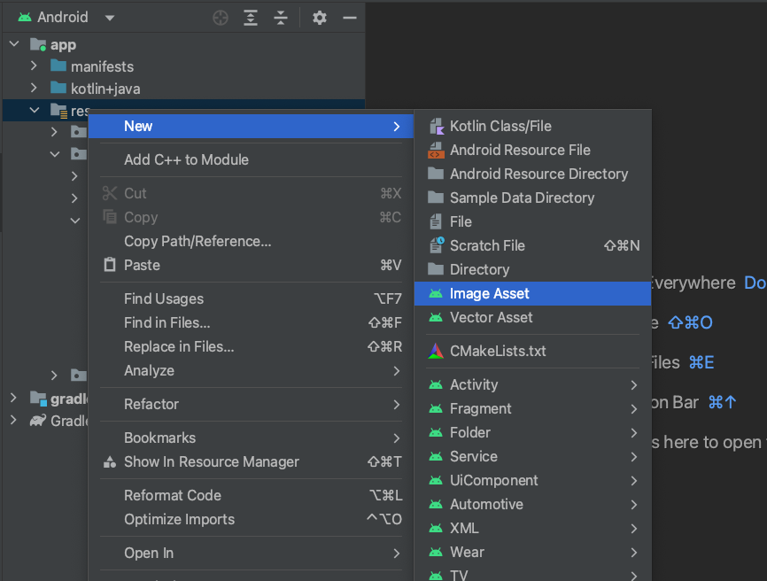 안드로이드 res 디렉토리에서 마우스 우클릭 해 Image Asset 항목을 선택하고 있다.