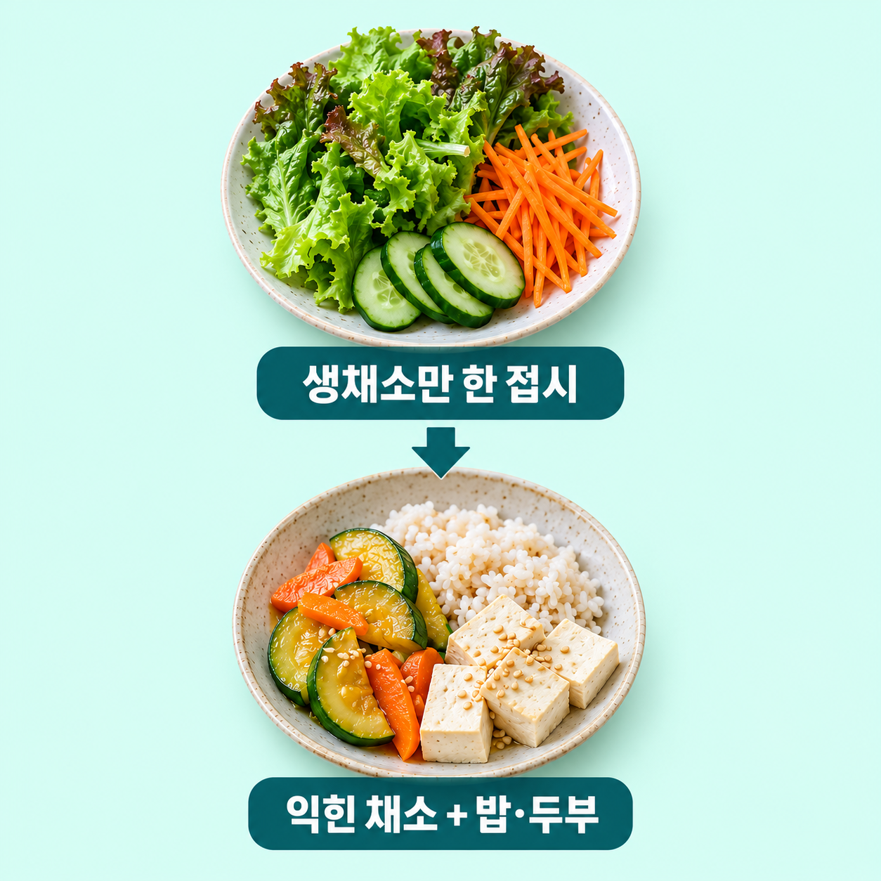 생채소 샐러드: 한 끼 점검 &mdash; 생채소만 큰 접시; 생채소 샐러드: 바꿀 식사 &mdash; 익힌 채소&middot;밥&middot;단백질 함께