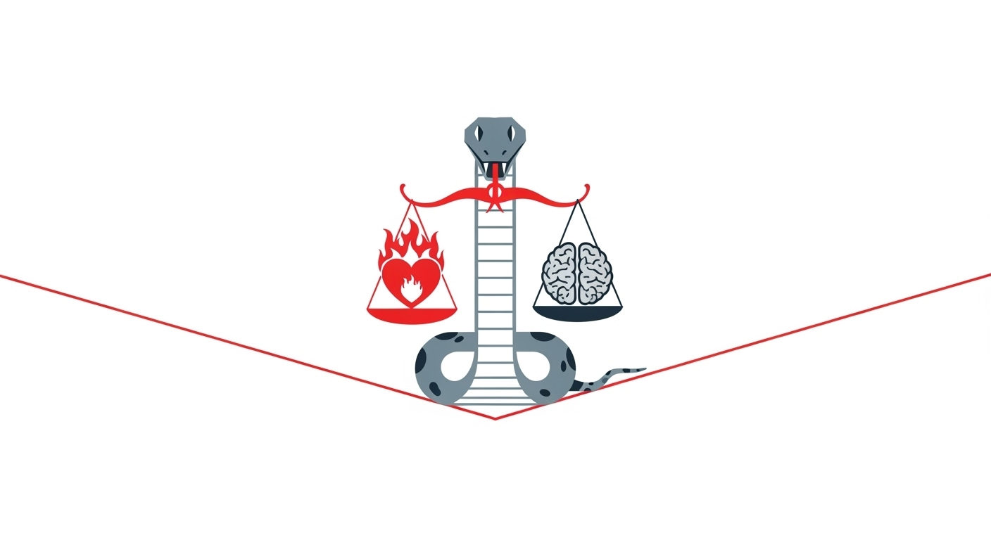 줄타기를 하며 저울을 들고 냉정과 열정 사이의 균형을 잡는 지혜로운 뱀 캐릭터 일러스트