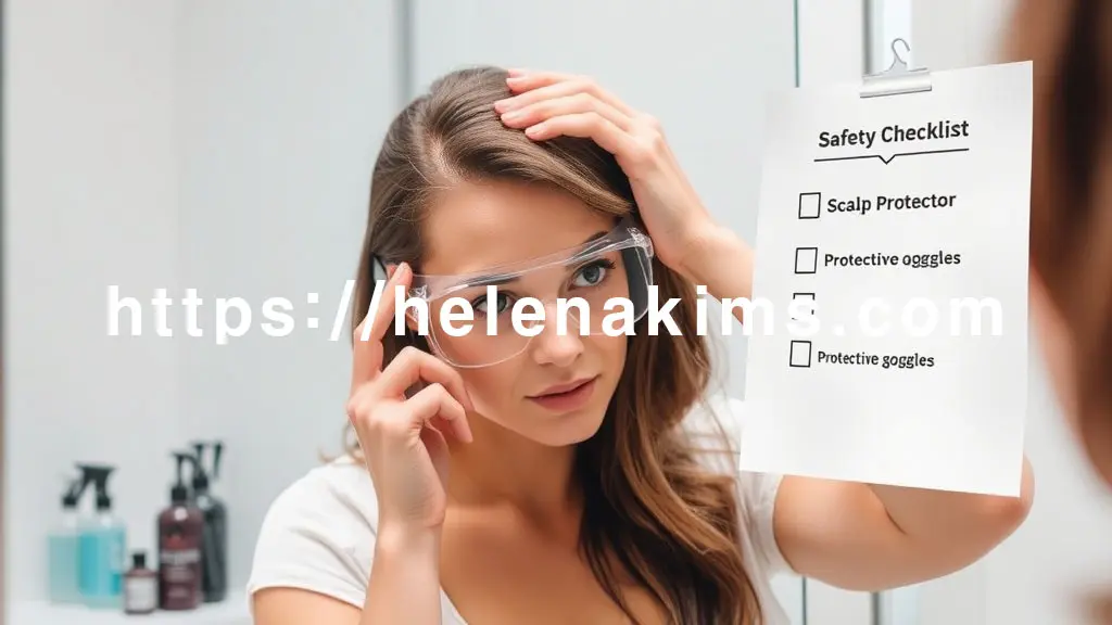 깨끗하고 밝은 욕실 거울 앞에서 한 여성이 염색 준비를 하고 있는 모습.