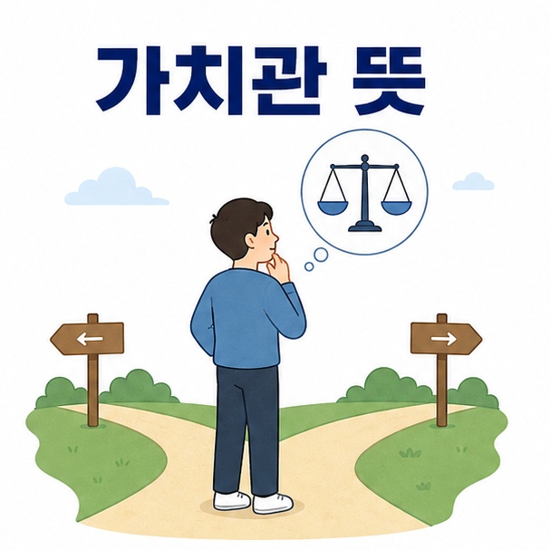 갈림길에서 선택을 고민하는 사람으로 표현한 가치관 뜻 안내 이미지