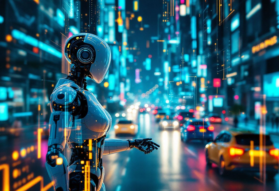 A robot is standing on the street.