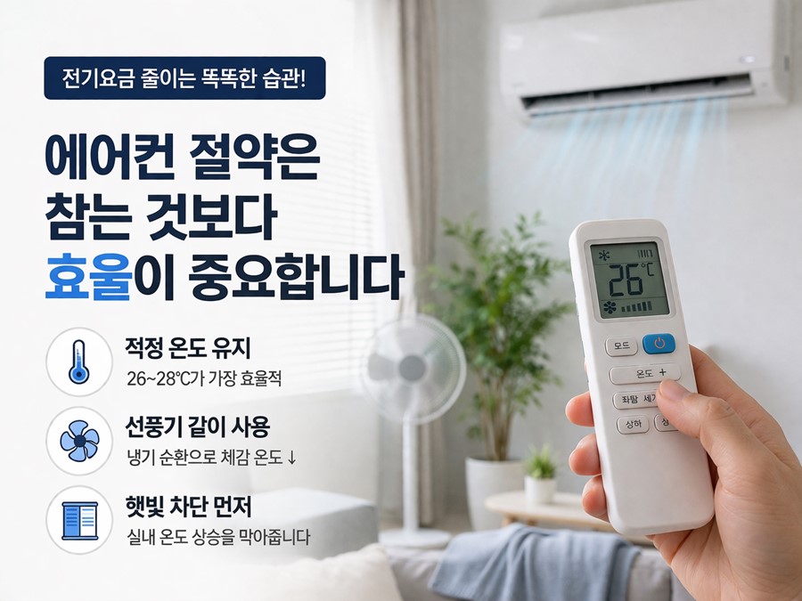 에어컨 전기요금을 줄이기 위해 적정 온도 유지, 선풍기 병행 사용, 햇빛 차단을 함께 실천하는 방법을 보여주는 이미지입니다.