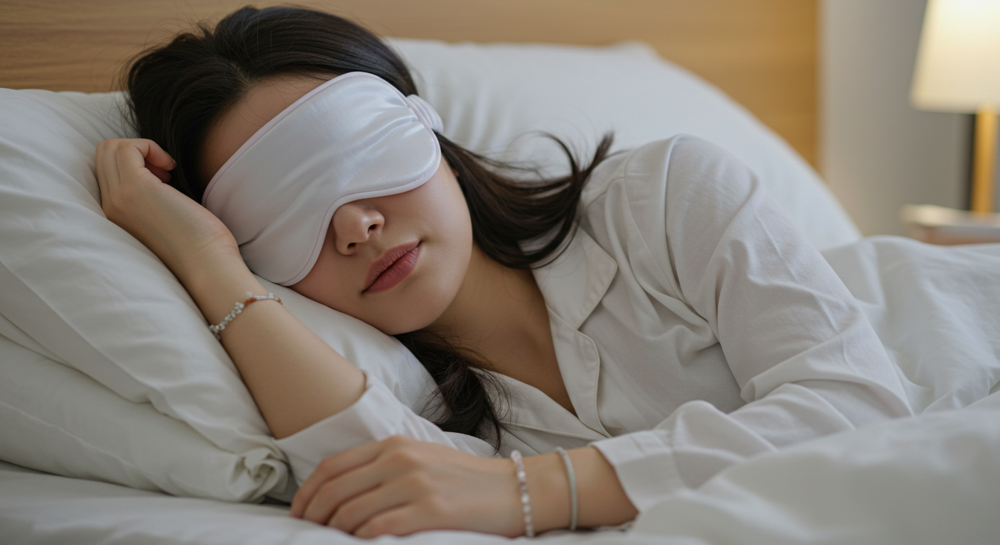 A woman wearing a white sleep mask and a bracelet rests peacefully in bed with white linens