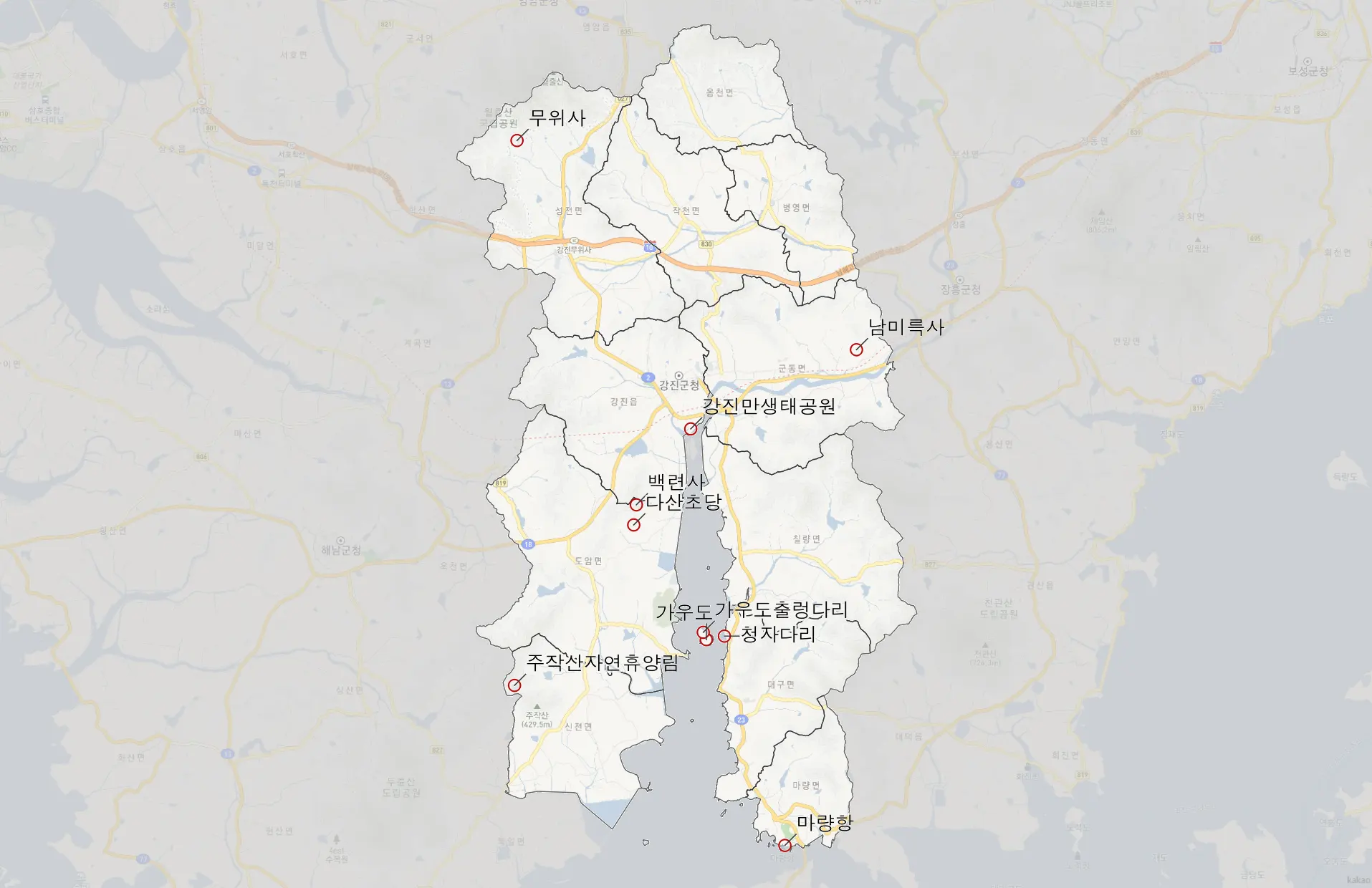 강진 가볼만한 10곳 위치도