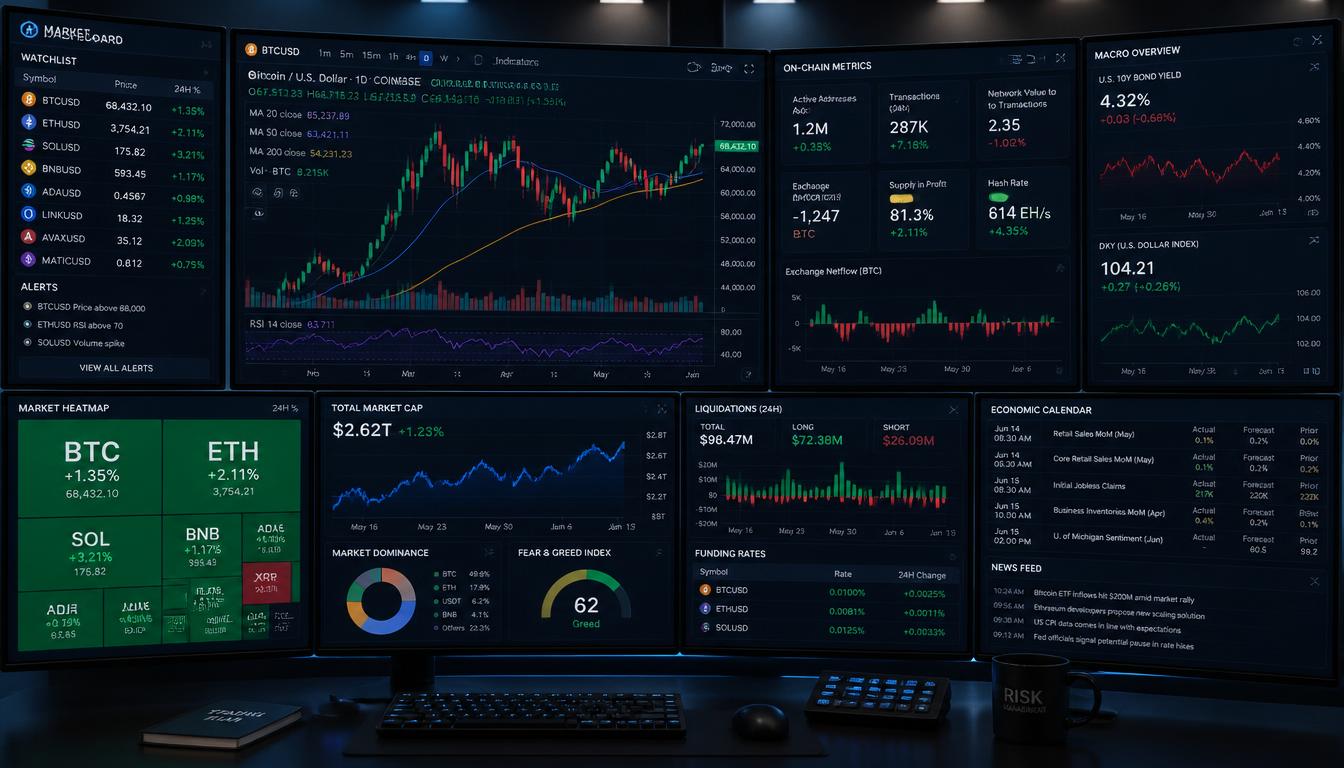 Multiple trading monitors displaying moving averages, on-chain valuation metrics, and macro indicators for risk management.