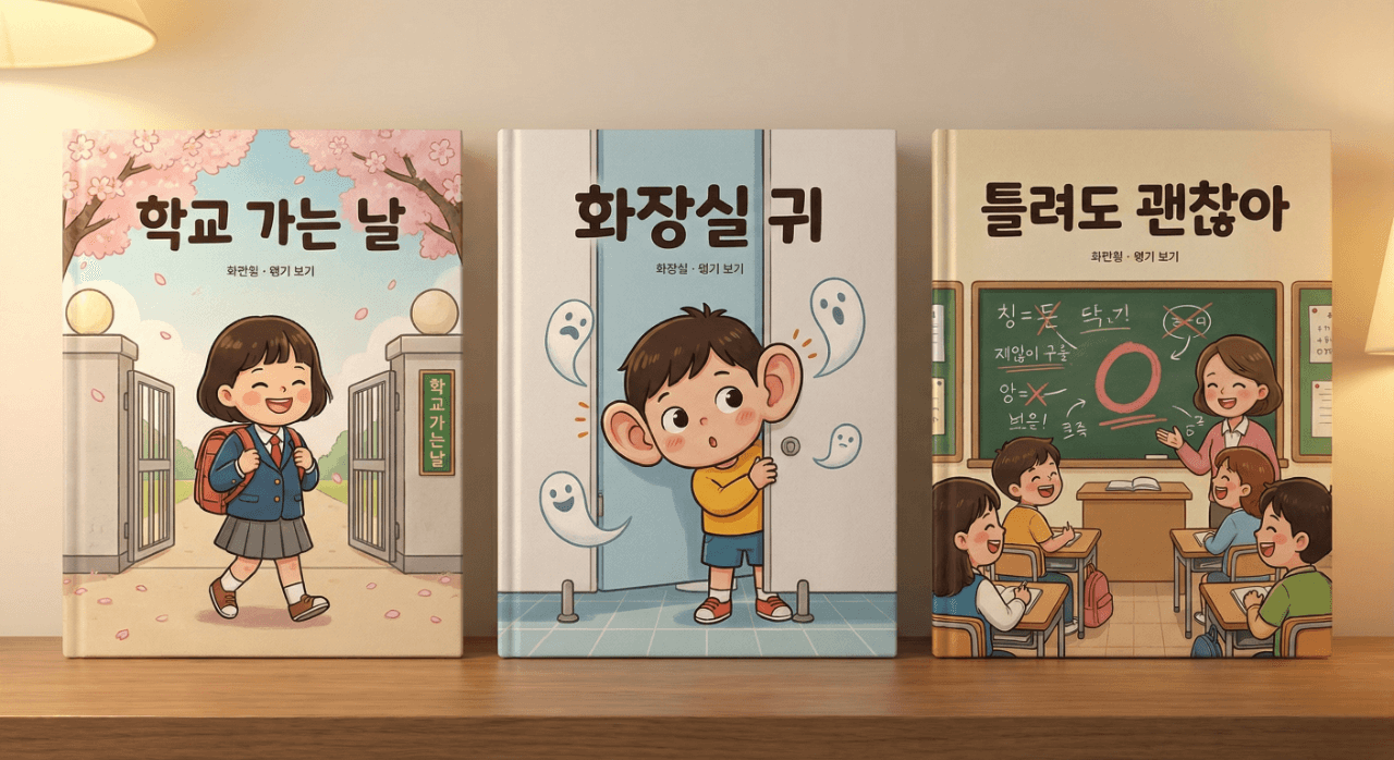 입학 준비 추천 도서 학교 가는 날, 화장실 귀, 틀려도 괜찮아 표지 모음