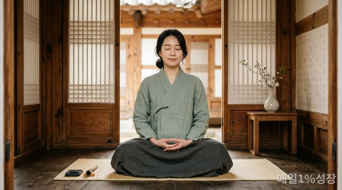 전통적인 한국 한옥에서 명상하며 마음을 다스리는 한국 여성