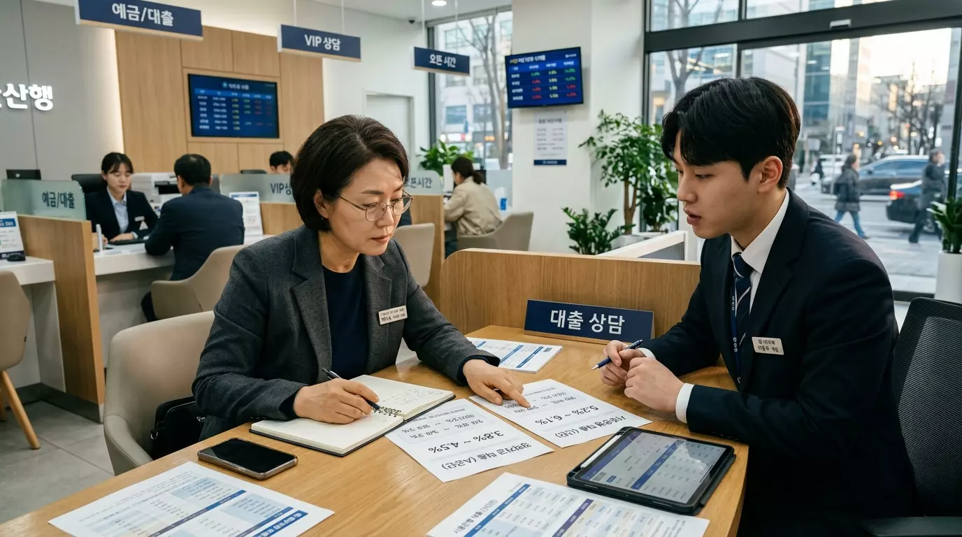 시중은행 대출 창구에서 대출 상담을 하고 있는 이미지