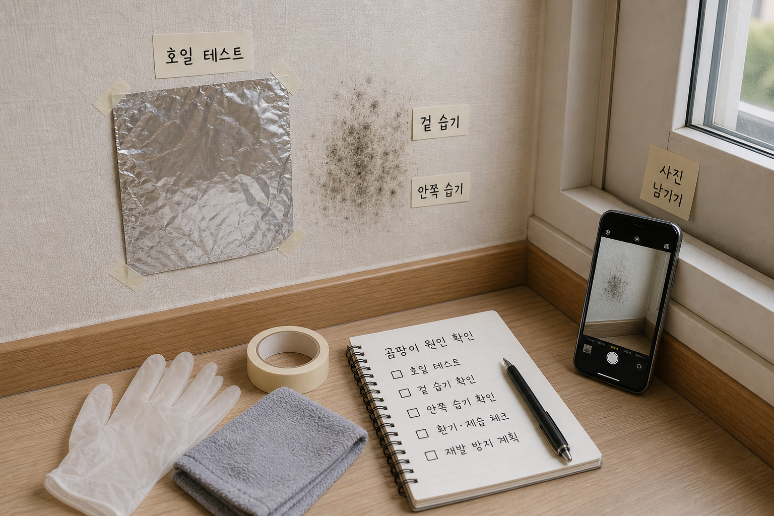 벽지 곰팡이 옆에 호일 테스트를 붙이고 안쪽 습기와 겉 습기를 확인하는 장면