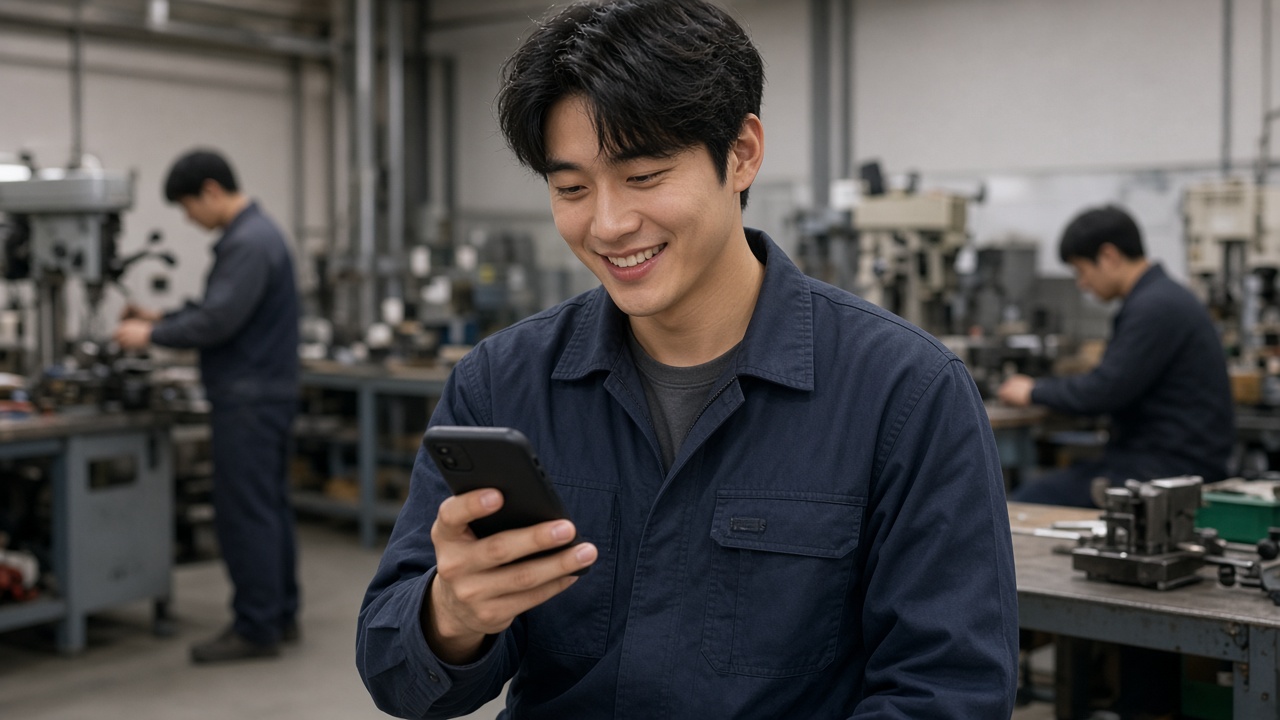합격 소식을 휴대폰으로 확인하고 미소 짓는 20대 한국인 남성, 작업복 차림의 실습실