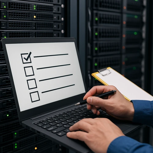 데이터센터 서버룸에서 체크리스트를 점검하며 유지보수 작업을 수행하는 기술자 모습